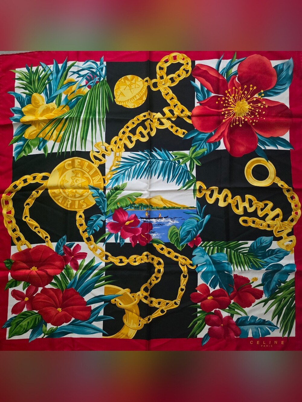 Celine Silk Floral & Chain Scarf in Red, Black, Gold